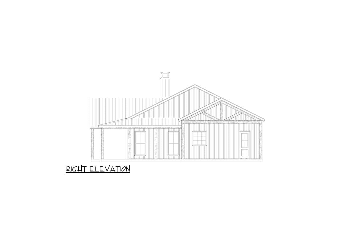 Right elevation drawing of a house plan featuring a gabled roofline, covered porch, and exposed rafter tails.