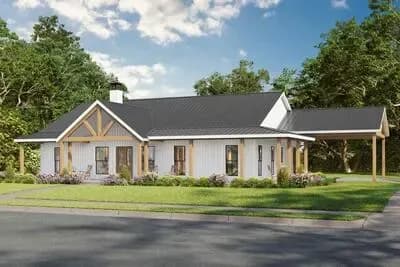 Modern Barndominium House Plan with 3 Beds, Carport, and Home Office