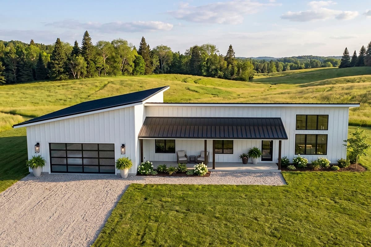 Plan 623636DJ: Modern Barndominium House Plan: 3 Beds, 2,443 Sq Ft, Split Layout - Image #1 - Barndominium, Contemporary