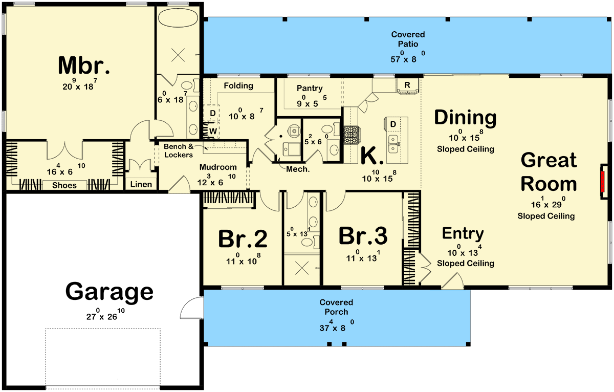 Plan 623636DJ: Modern Barndominium House Plan: 3 Beds, 2,443 Sq Ft, Split Layout - Floor Plan - Main Level - Barndominium, Contemporary