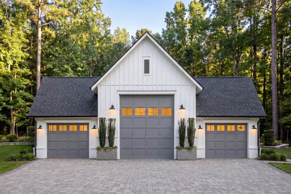 Modern Farmhouse RV Garage Plan with 3-Car Bay and 10-Foot Ceilings