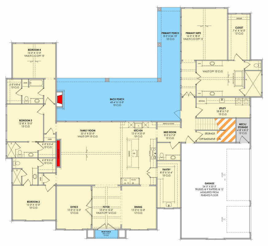 Plan 818204JSS: Modern Transitional House Plan with 4 Beds, Home Office, and Bonus Room - Floor Plan - Main Level - Modern, Transitional
