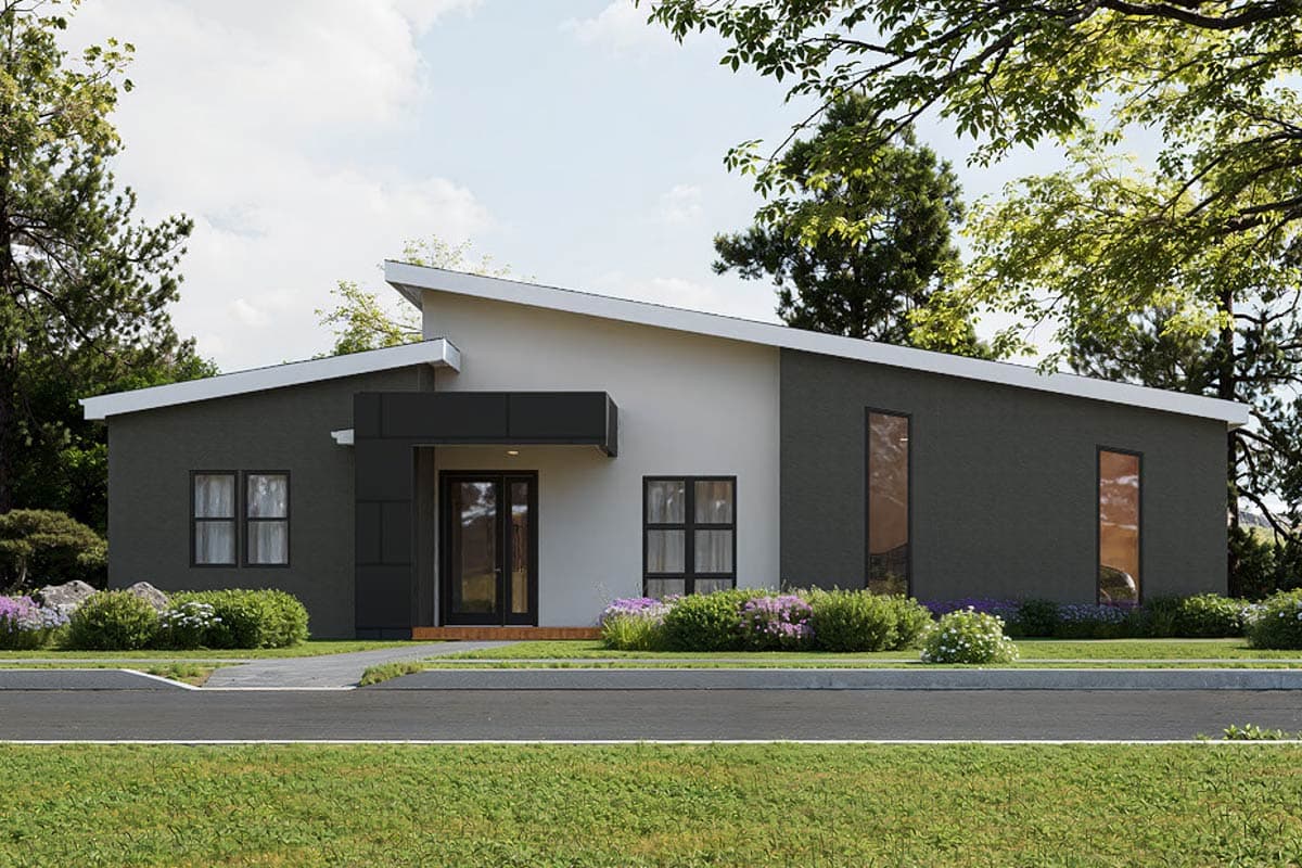 Plan 850029PKE: Sleek Modern House Plan with 3 Bedrooms and Dedicated Home Office - Image #1 - Contemporary, Modern