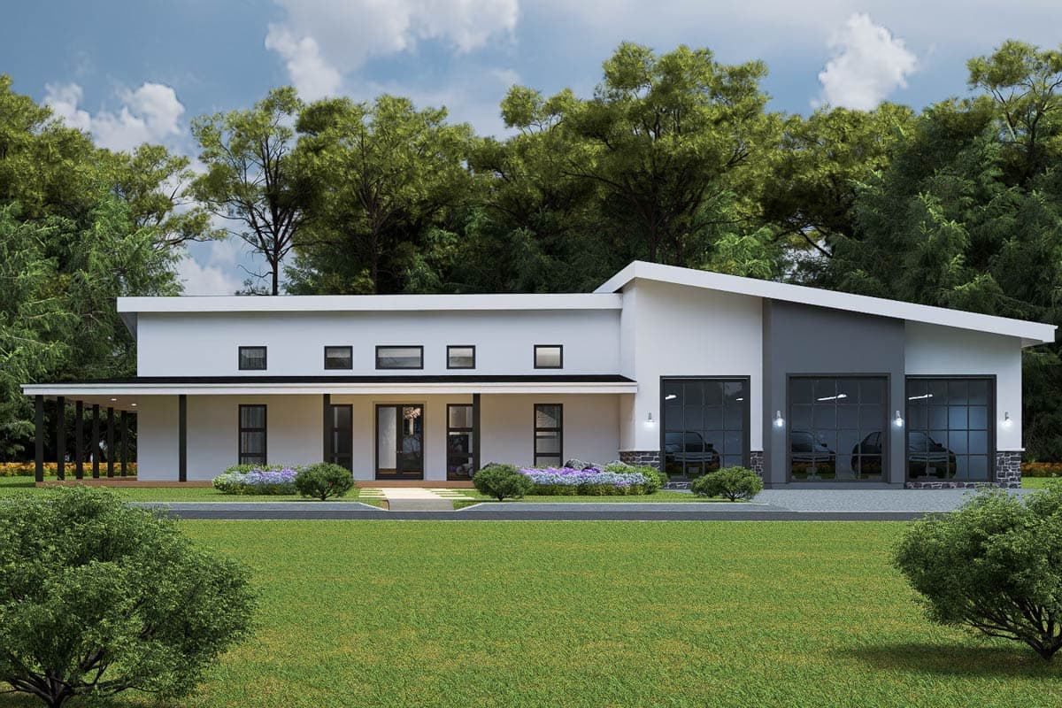 Plan 850031PKE: Contemporary 4-Bedroom House Plan with Wraparound Porch and 3-Car Garage - Image #1 - Contemporary, Modern