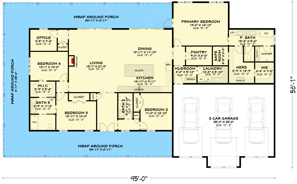 Plan 850031PKE: Contemporary 4-Bedroom House Plan with Wraparound Porch and 3-Car Garage - Floor Plan - Main Level - Contemporary, Modern