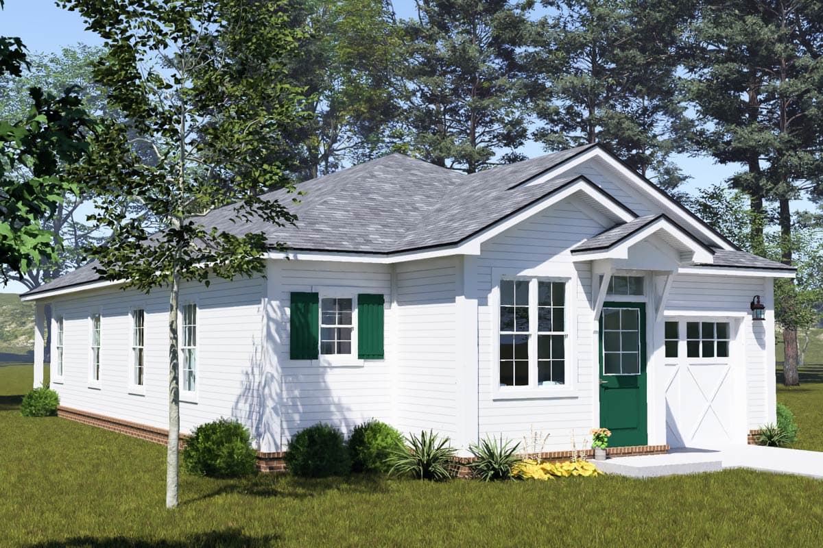 House plan exterior: White siding, gabled roof, green shutters, covered entry, and attached garage.