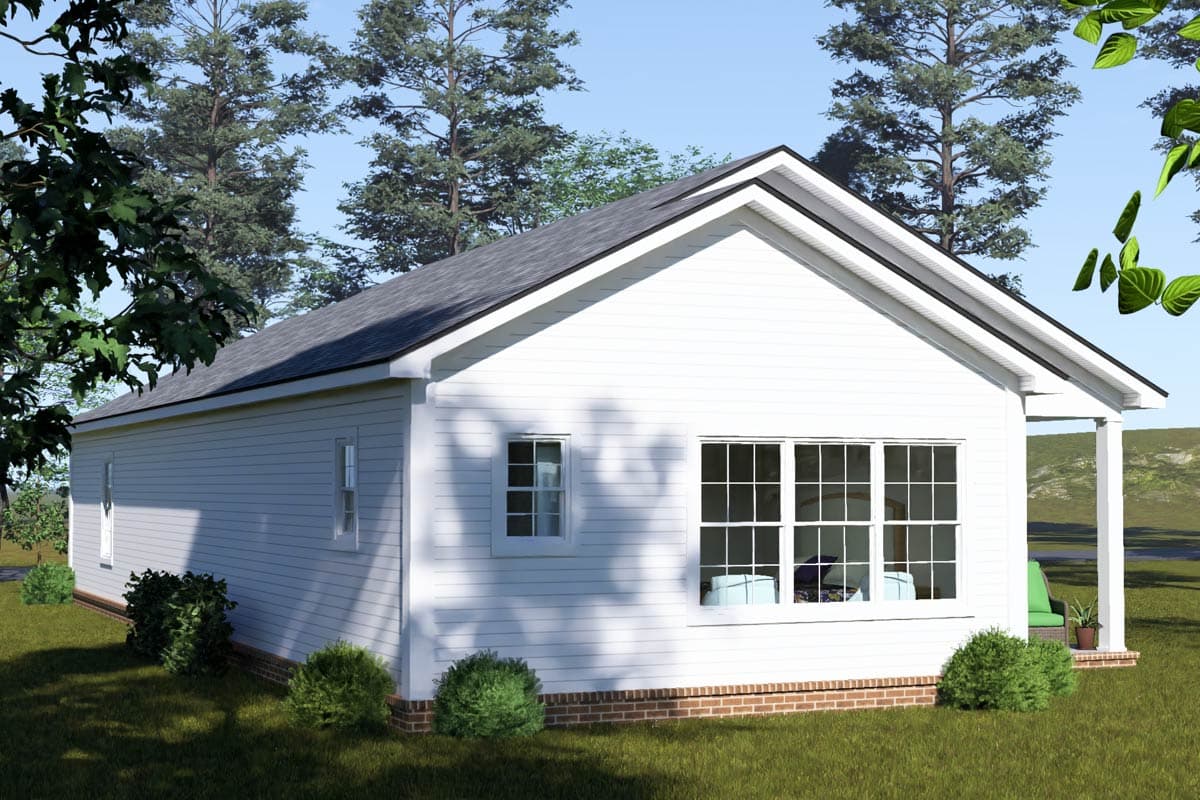 House plan exterior: single-story home with white siding, gable roof, and covered porch.