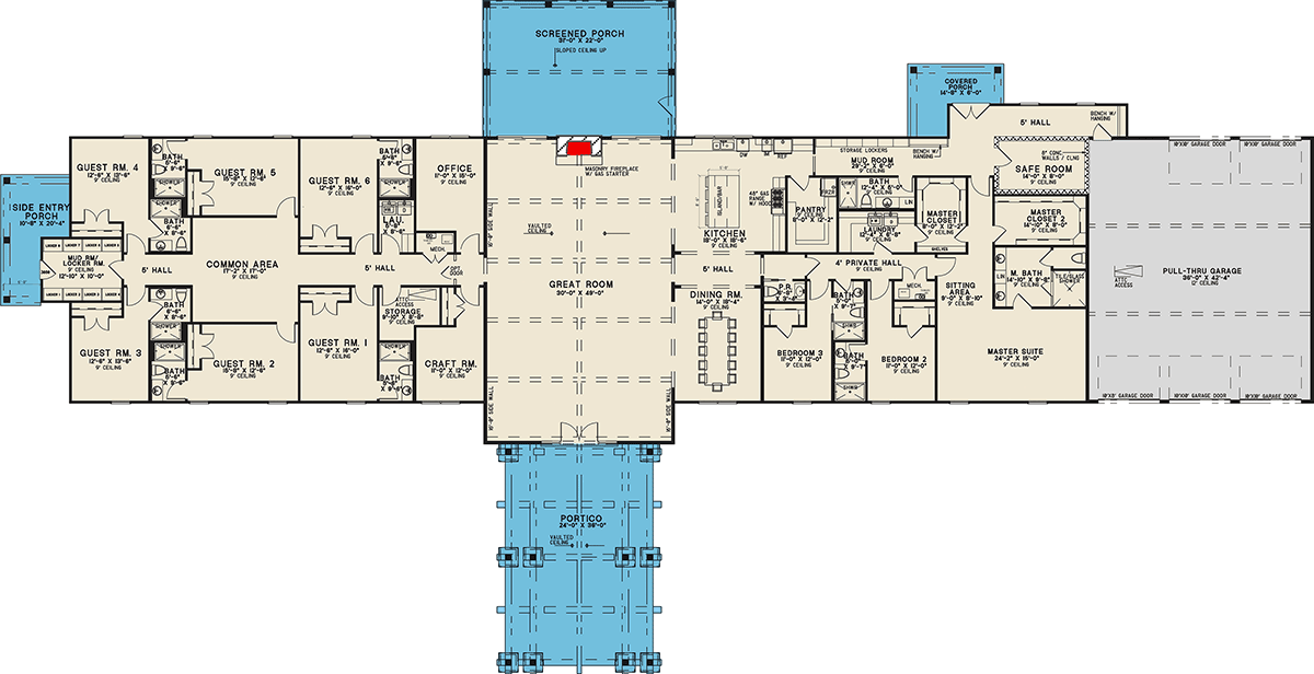 Plan 700510SND: Luxury 9-Bedroom Barndominium House Plan with 4-Car RV Garage - Floor Plan - Main Level - Barndominium