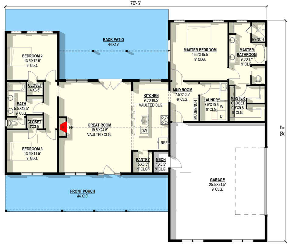 Plan 405148FDC: Spacious Barndominium Farmhouse House Plan with 3 Beds and Covered Porches - Floor Plan - Main Level - Barndominium, Farmhouse