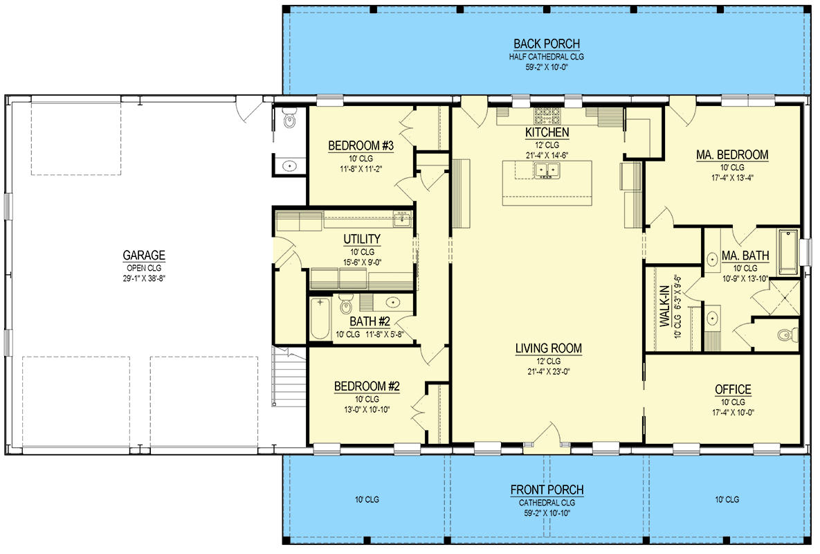 Plan 170017ADS: Modern Barndominium House Plan with Home Office and 2-Car Garage - Floor Plan - Main Level - Barndominium, Farmhouse