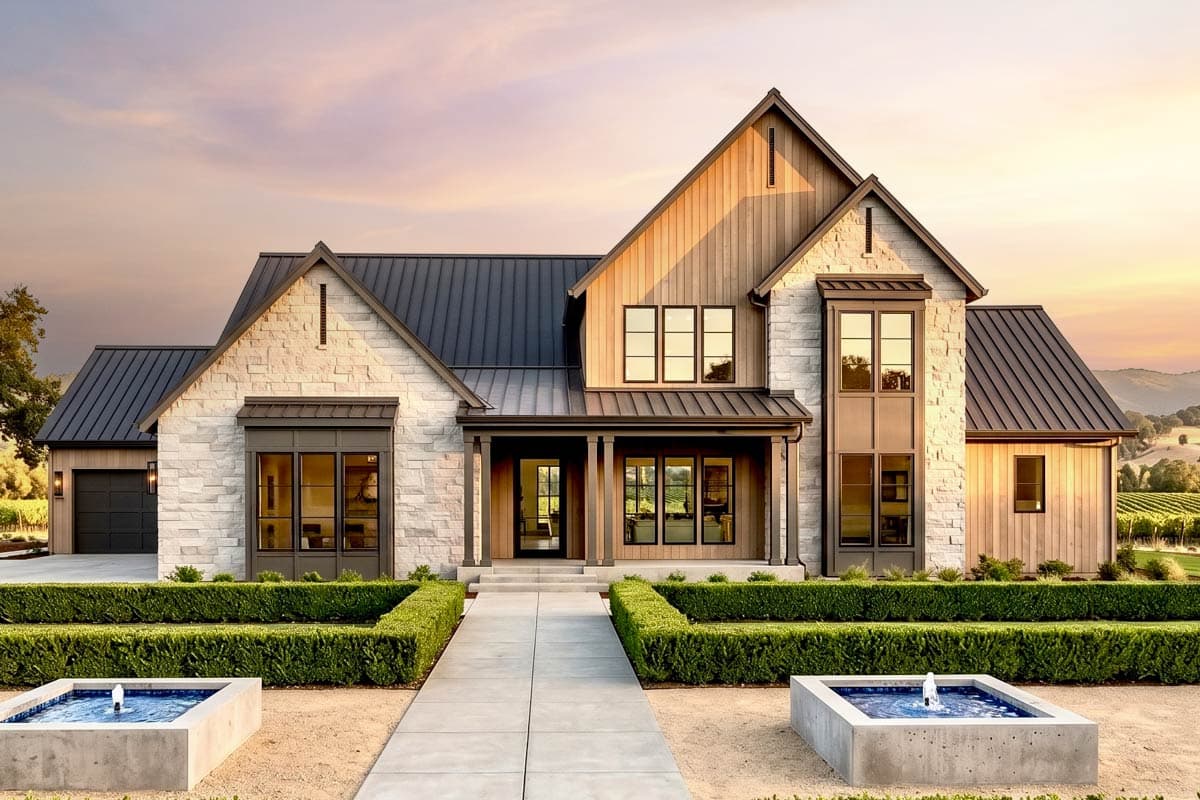 Plan 820016WSF: 4-Bedroom Transitional Farmhouse House Plan with Gourmet Kitchen - Image #1 - Farmhouse, Modern, New American, Traditional, Transitional