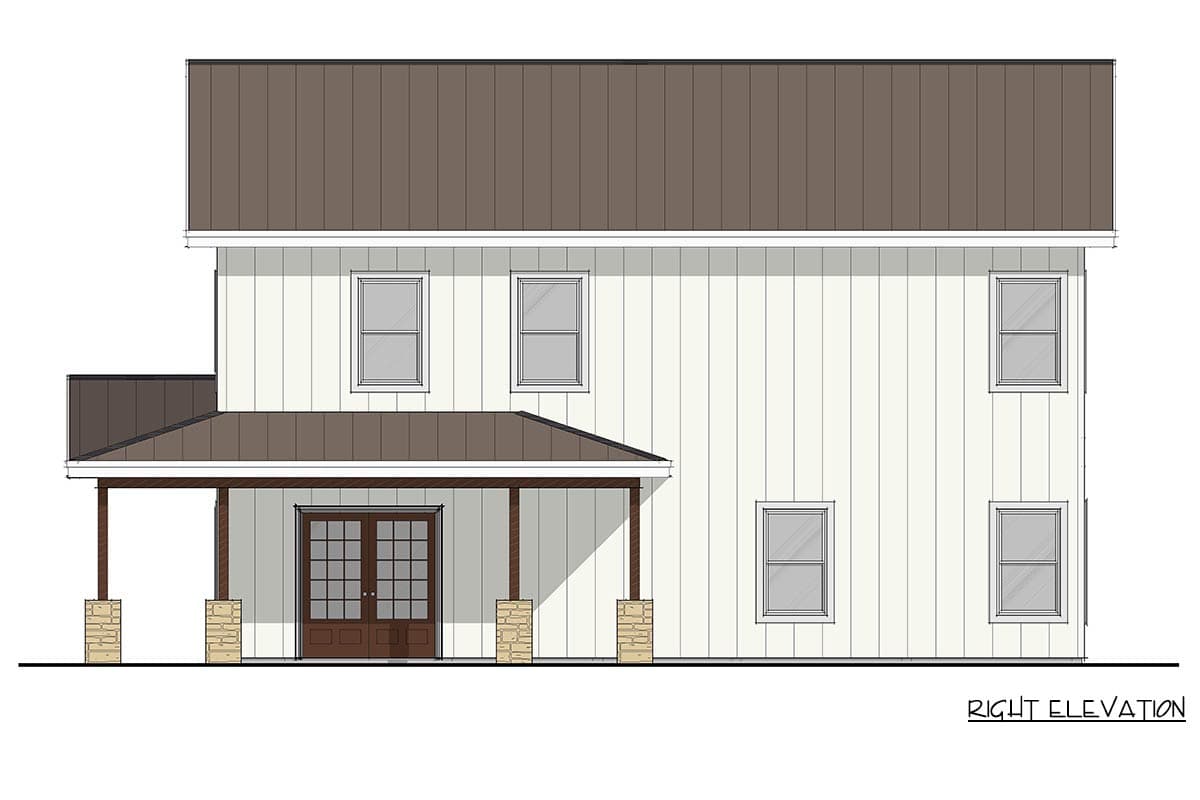 Right elevation drawing of a two-story house plan with board and batten siding, covered porch, and double entry doors.