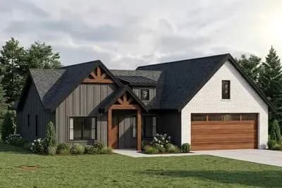 New American Farmhouse House Plan with 4 Split Bedrooms