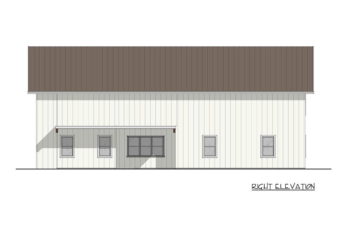 Right elevation drawing of a house plan, featuring vertical siding, a metal roof, and six windows, one large casement.