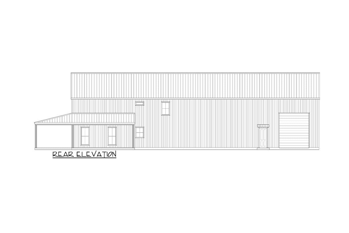 Rear elevation drawing of a two-story house plan featuring a covered porch, multiple windows, a door, and a garage door.