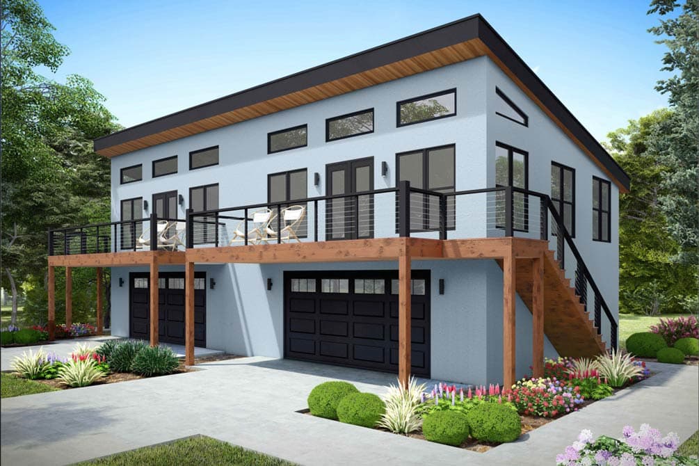 Plan image - 680664VR:Modern Duplex House Plan with 2 Bedrooms, Deck, and Two-Car Garage