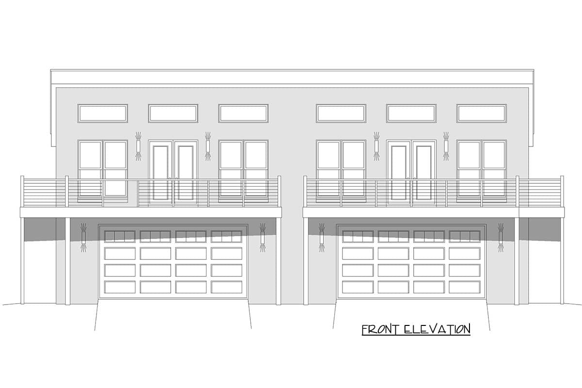 Plan 680664VR: Modern Duplex House Plan with 2 Bedrooms, Deck, and Two-Car Garage - Image #2 - Contemporary, Modern