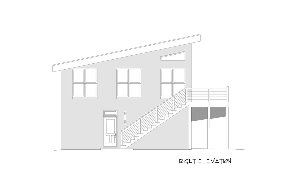 Right elevation house plan with a steeply sloped roof, multiple windows, an exterior staircase, and a deck.