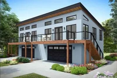Modern Duplex House Plan with 2 Bedrooms, Deck, and Two-Car Garage