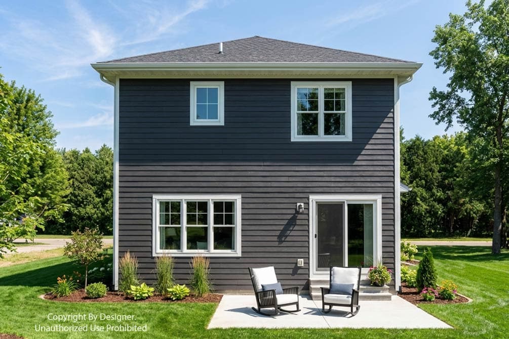 Two-story house plan exterior with horizontal siding, multiple windows, and a sliding glass door leading to a patio.