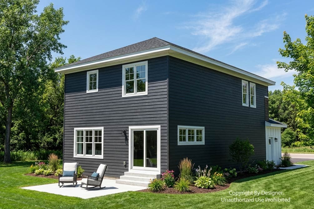 House plan exterior, two-story with dark siding, white trim, multiple windows, and a sliding glass door leading to a patio.