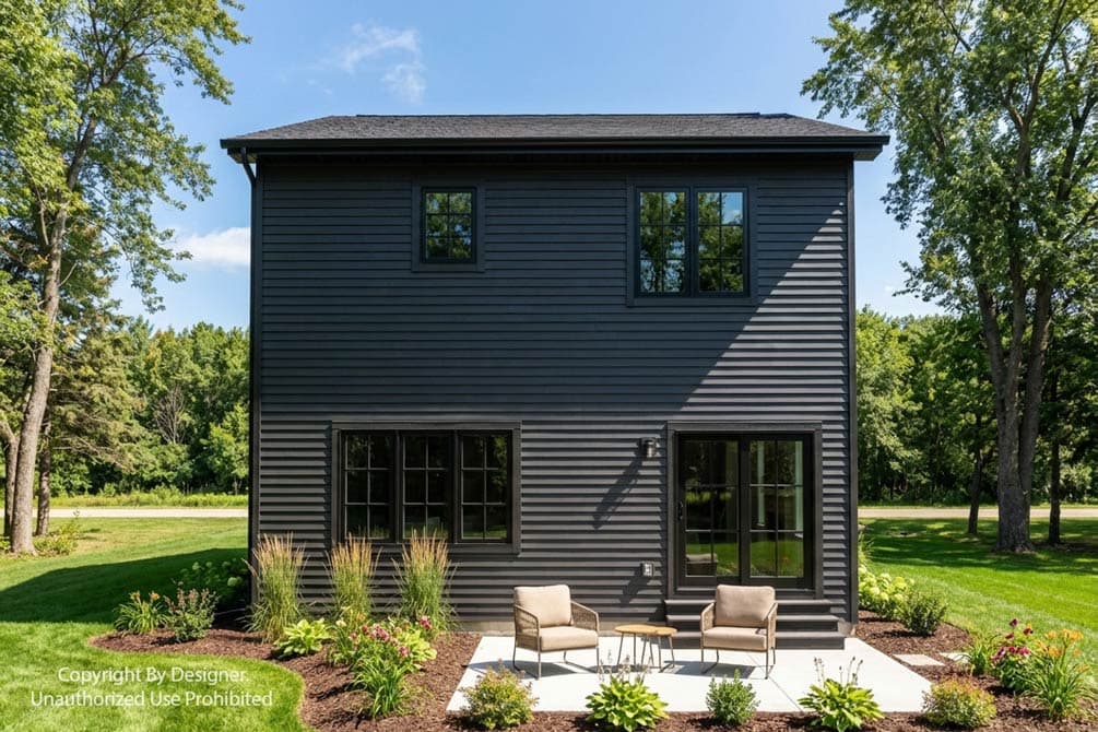 Modern two-story house exterior with dark horizontal siding, double doors, and multiple grid windows.