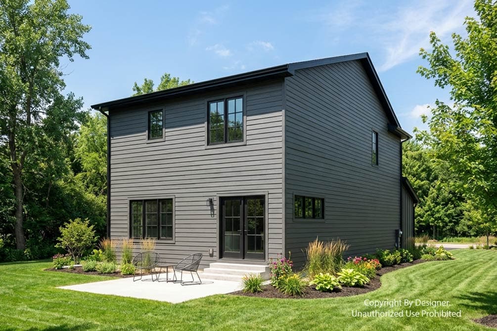 Modern two-story house plan exterior with horizontal siding, dark-framed windows, and double glass doors leading to a patio.