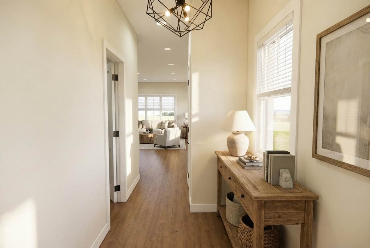 Interior hallway with wood floors, contemporary light fixture, and entry to living room with large windows.