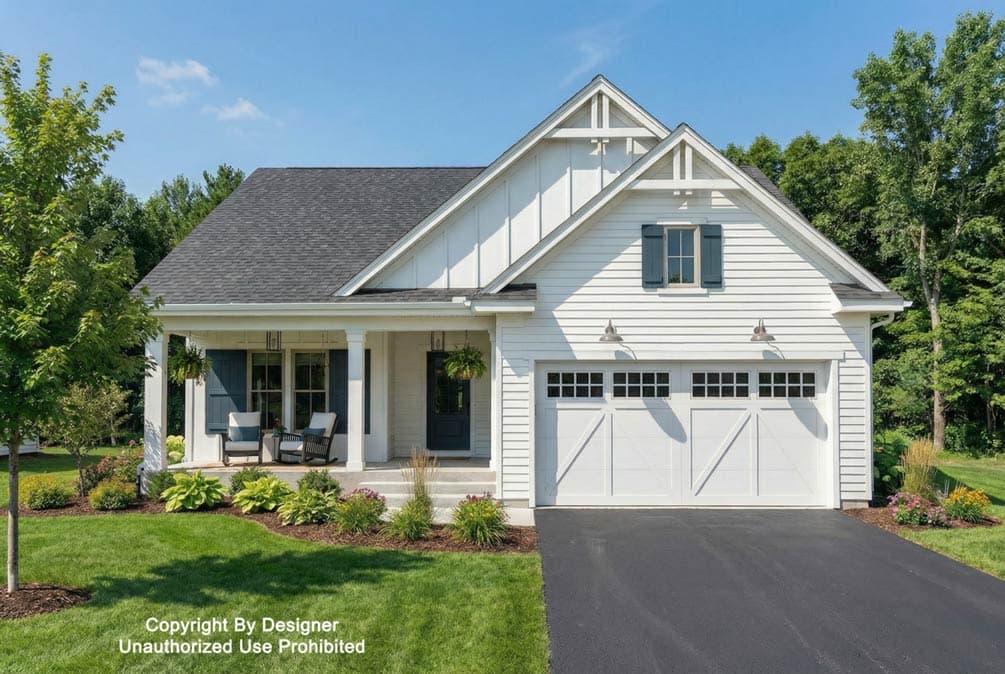 Modern Farmhouse house plan exterior with a covered porch, gables, and a two-car garage.