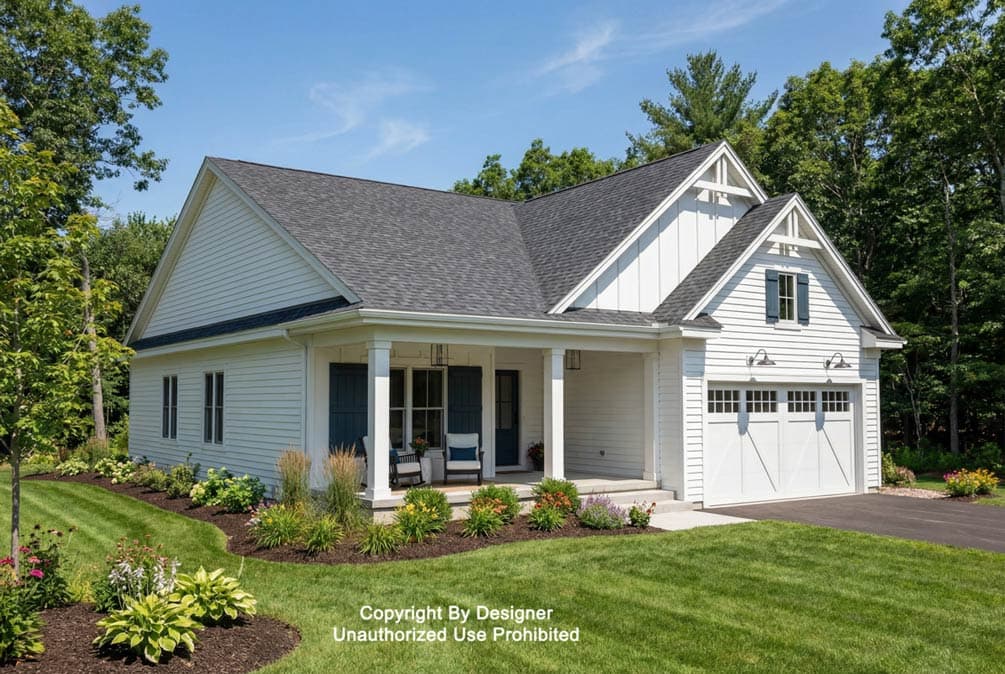 House plan exterior: Modern Farmhouse style, one-story, with a covered front porch, gables, and a two-car garage.