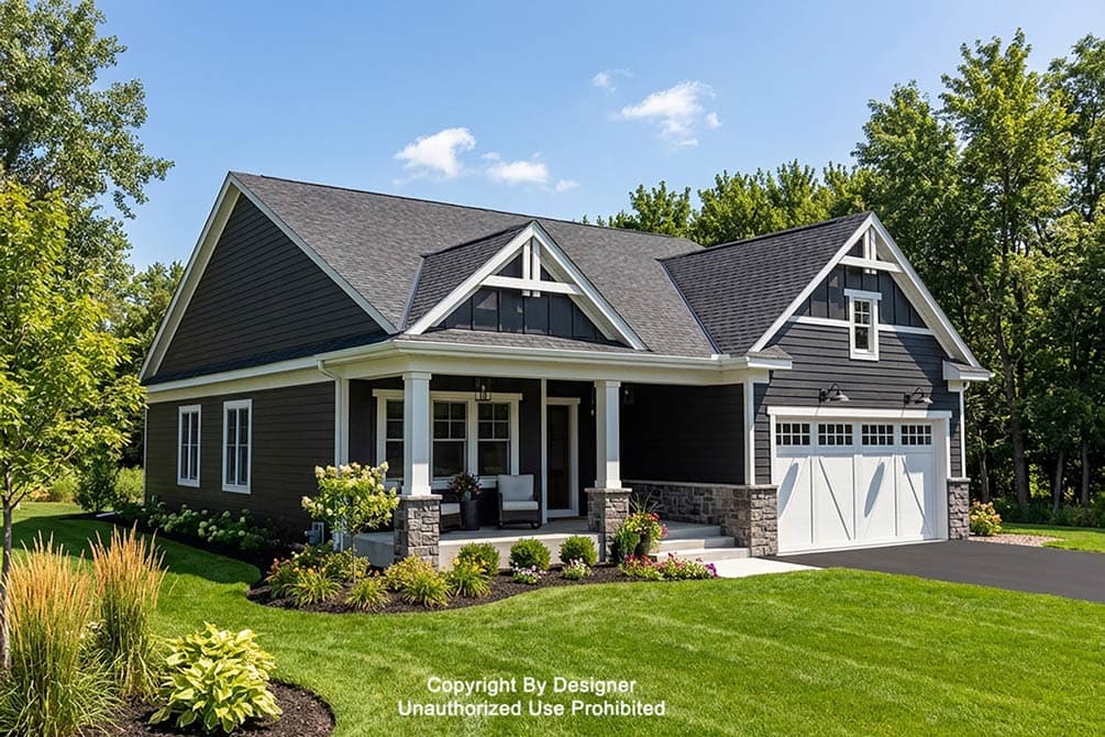House plan exterior: One-story Modern Farmhouse with covered front porch, stone accents, gabled dormers and attached two-car garage.