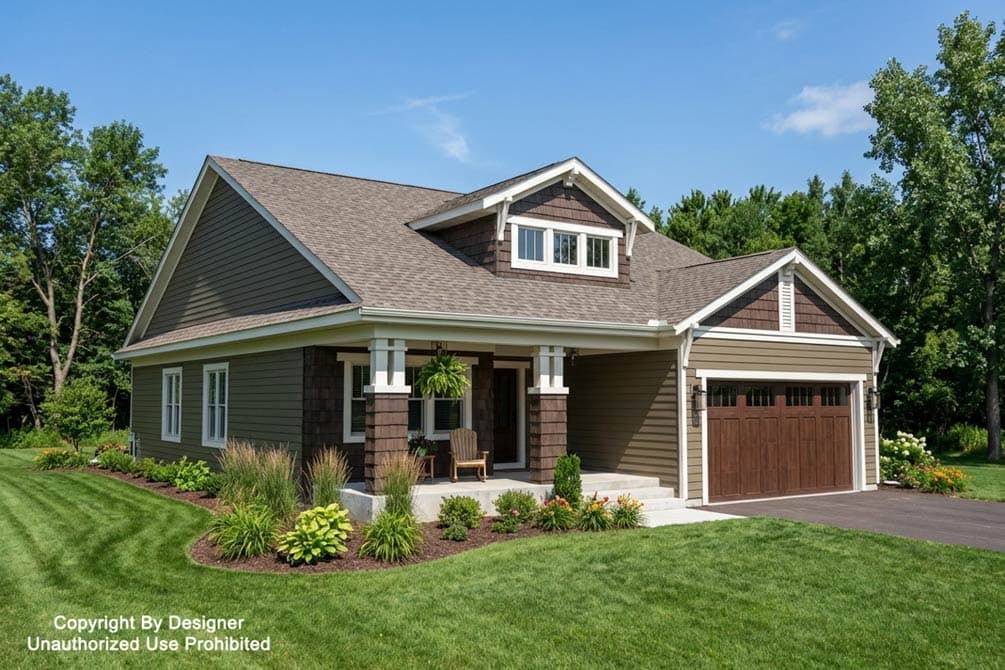 Craftsman style house plan exterior with a prominent covered front porch, dormer window, and attached garage.