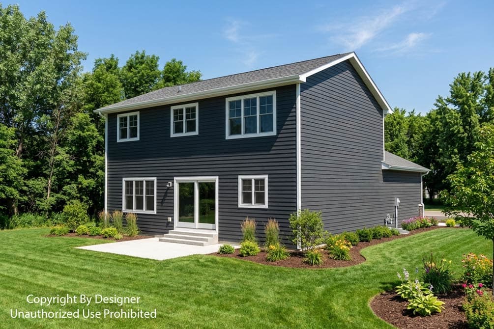 Two-story house plan exterior with dark gray siding, white trim, gable roof, and a rear patio with sliding glass doors.