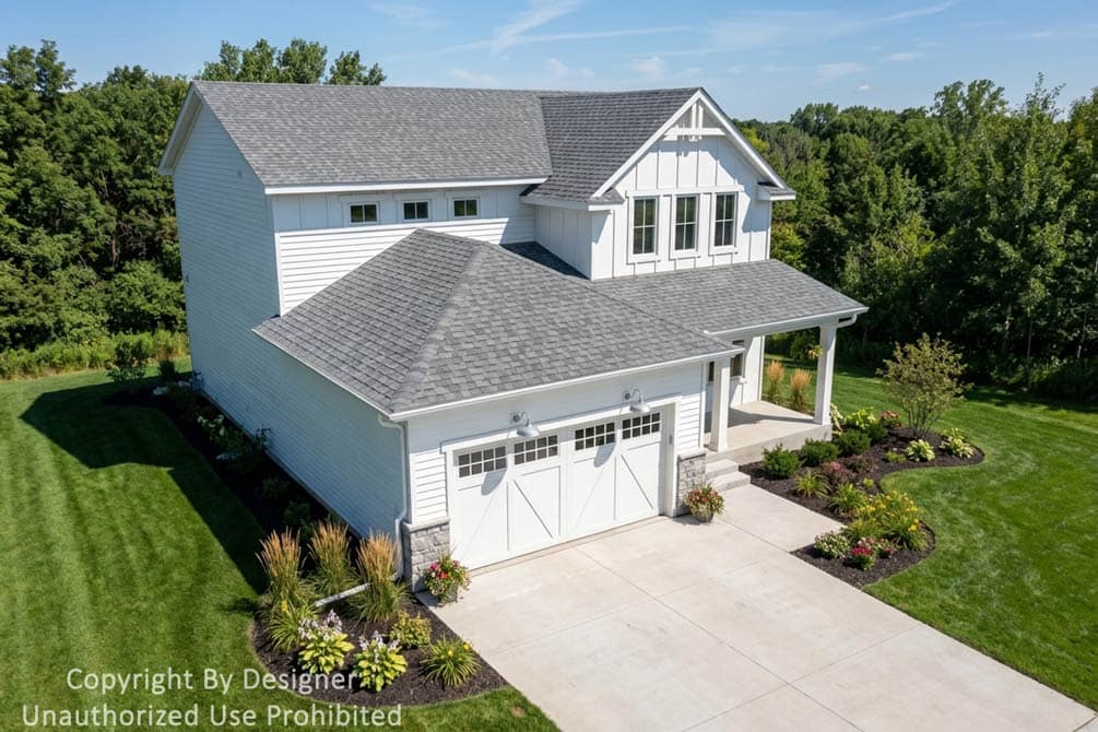 Modern Farmhouse house plan exterior, two stories, white siding, board and batten accents, gable dormers, covered porch, and a two-car garage.