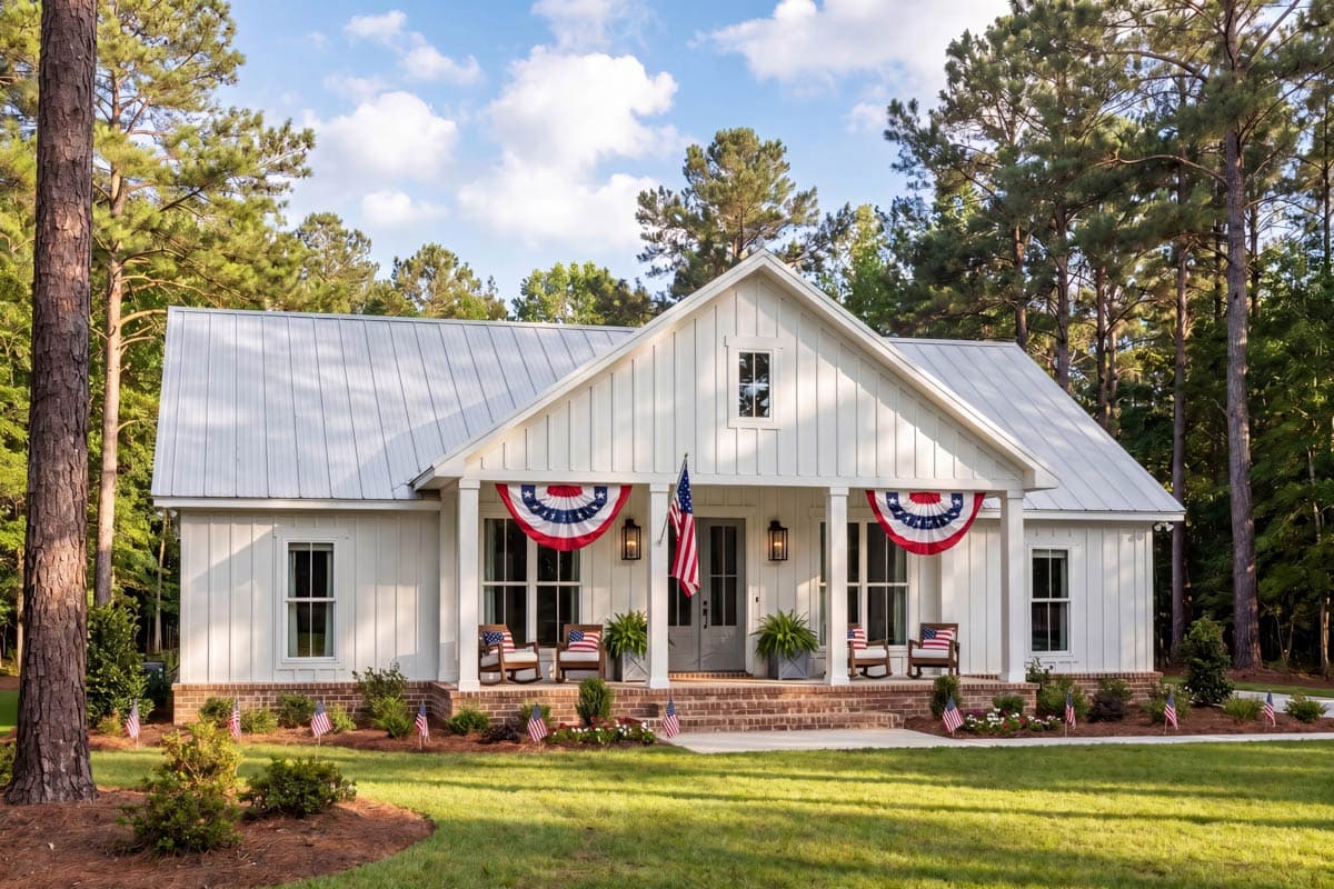 Modern Farmhouse house plan exterior with metal roof, large front porch, gables, and board-and-batten siding.