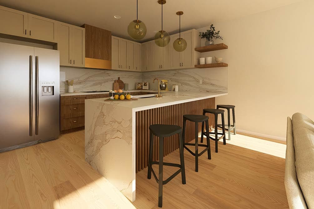 Contemporary kitchen rendering with marble island, wood accent cabinetry, stainless steel refrigerator, and pendant lighting.