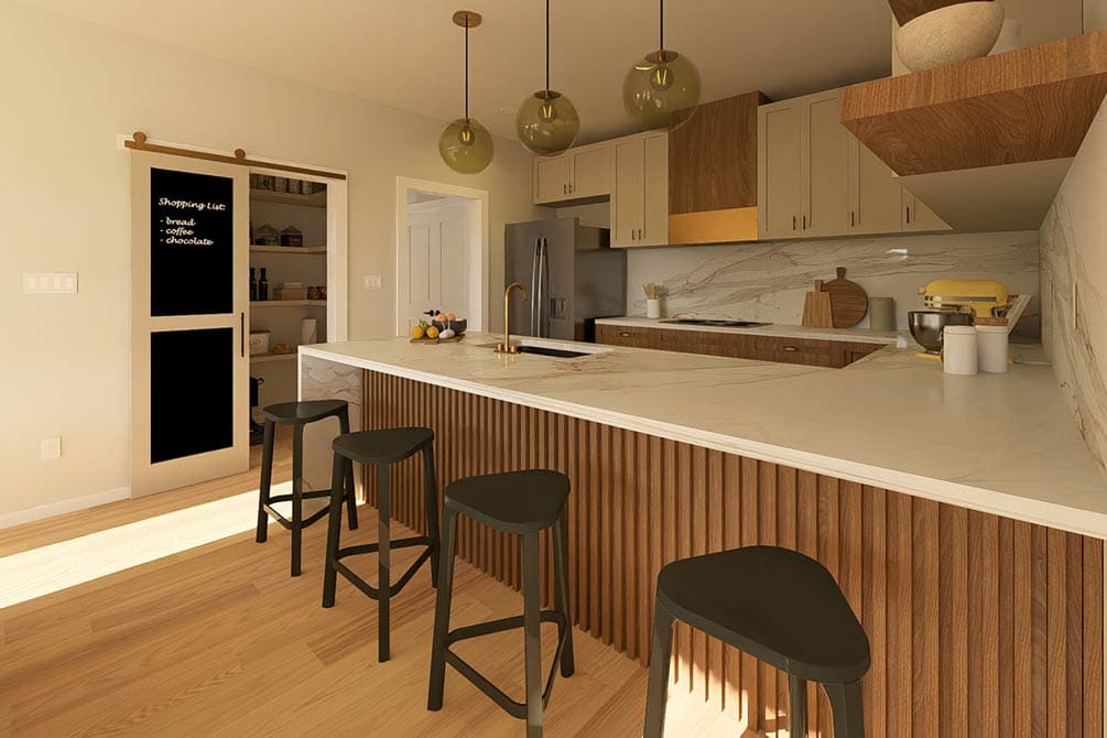 Kitchen island with waterfall countertop, fluted wood base, and bar stools. Barn door pantry entrance with chalkboard.