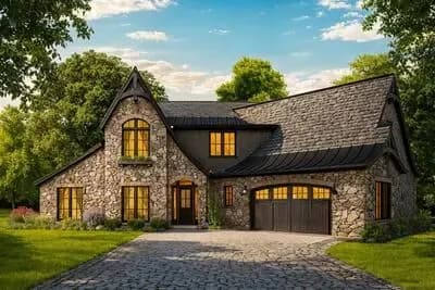 European Stone House Plan with 4 Bedrooms and Angled Garage