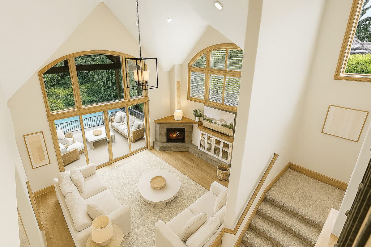Interior view of a great room with vaulted ceilings, corner fireplace, large arched windows overlooking a patio and pool, and a sectional sofa.