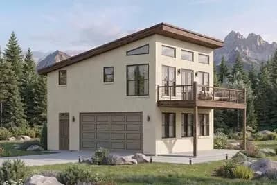 Contemporary Southwest 1-Bedroom House Plan with 2-Car Garage and Deck