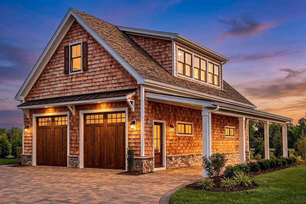 Plan 680667VR: Compact Craftsman Shingle House Plan with Loft and Spacious Garage - Image #2 - Craftsman, Shingle
