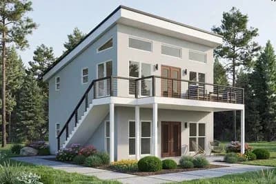 Contemporary 2-Story Multi-Family House Plan with Deck and 1400 Sq Ft