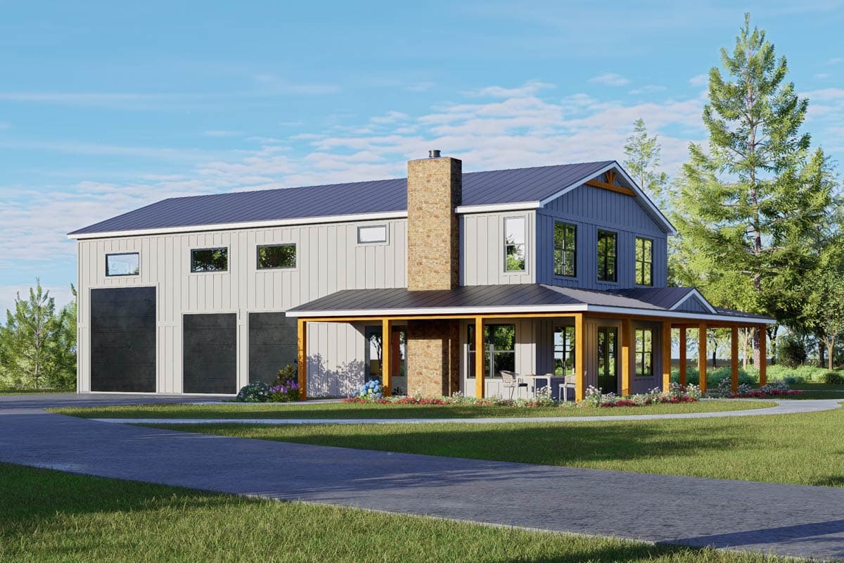 Plan 680675VR: Modern Farmhouse Barndominium House Plan with RV Garage and Wraparound Porch - Image #2 - Barndominium, Farmhouse