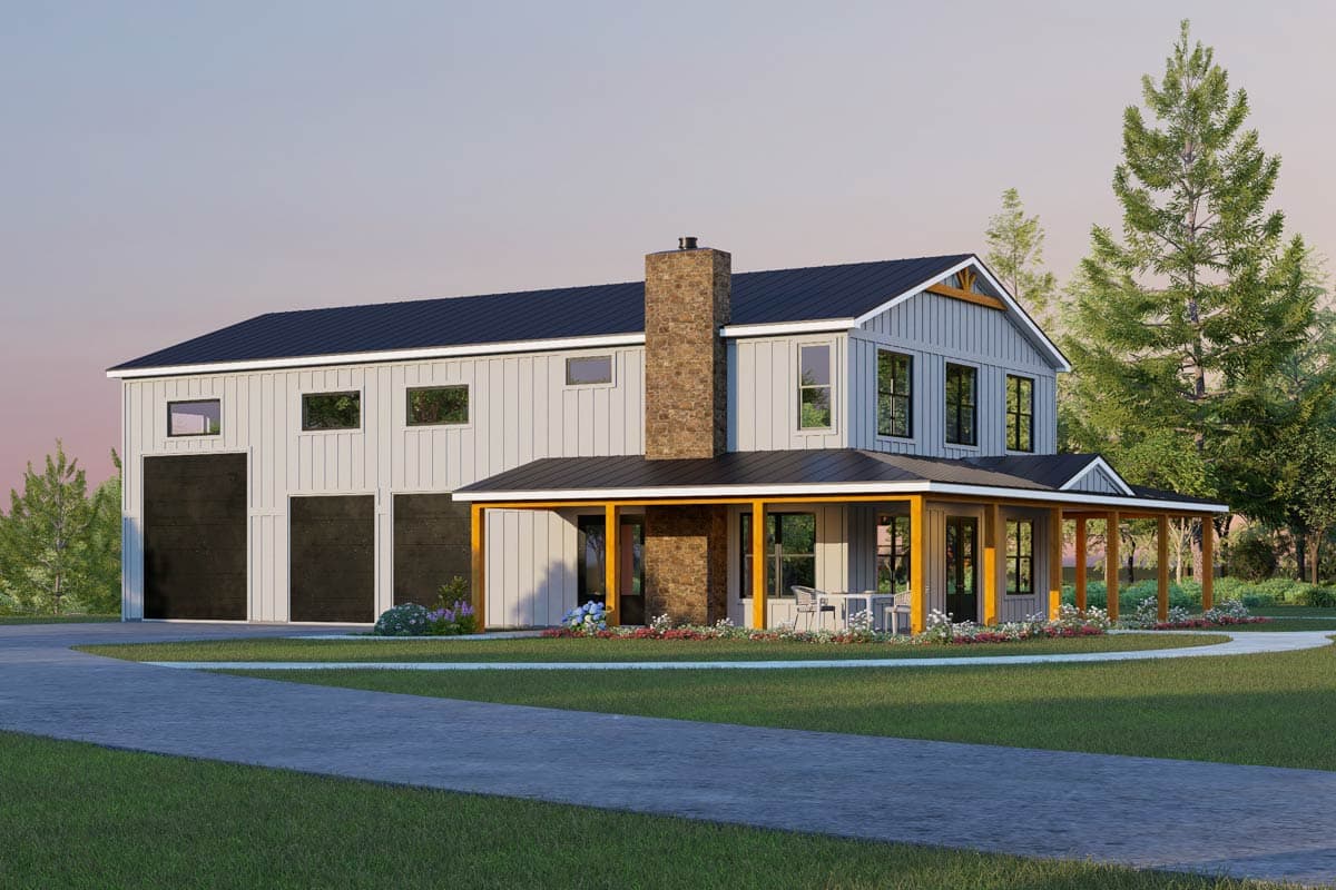Plan 680675VR: Modern Farmhouse Barndominium House Plan with RV Garage and Wraparound Porch - Image #3 - Barndominium, Farmhouse