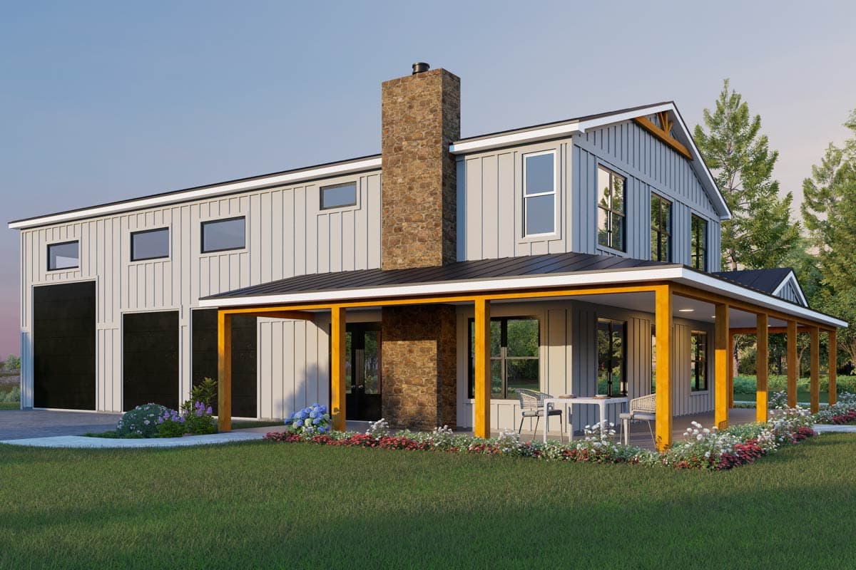 Plan 680675VR: Modern Farmhouse Barndominium House Plan with RV Garage and Wraparound Porch - Image #4 - Barndominium, Farmhouse