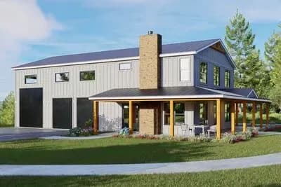 Modern Farmhouse Barndominium House Plan with RV Garage and Wraparound Porch