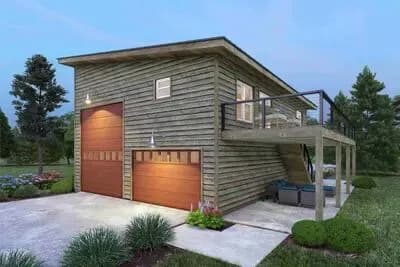 Contemporary Mountain House Plan with RV Garage and Elevated Deck