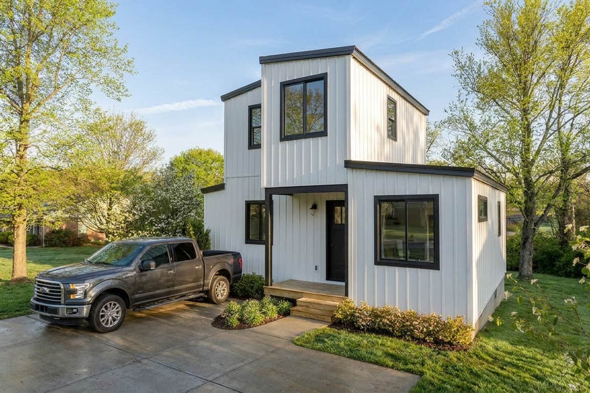 Modern two-story house plan with white vertical siding, black-framed windows, and a covered entry.