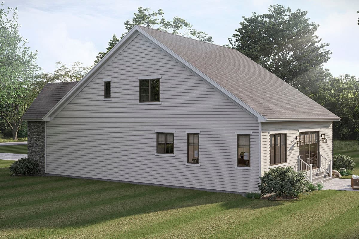 House plan exterior: two-story Modern Farmhouse with stone foundation, gables, and large windows.