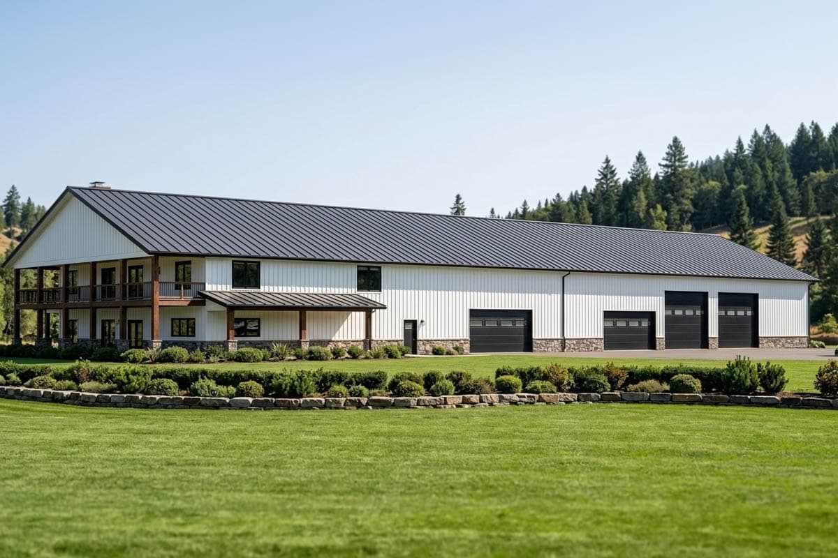 House plan exterior featuring a two-story white building with a dark metal roof, covered porch, and multiple garage bays.